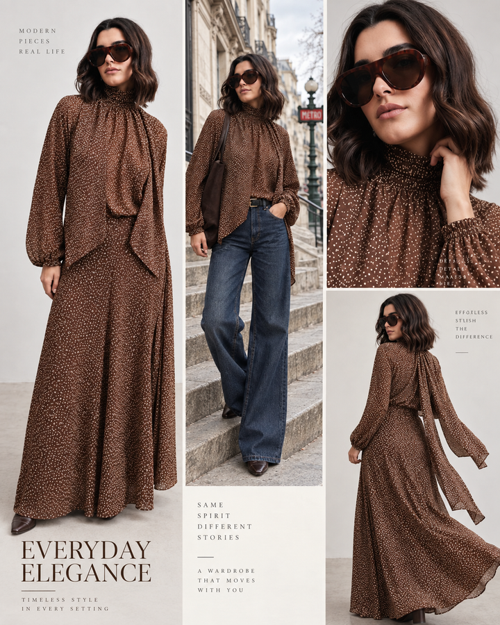 Montage de tenues marron à petits pois : blouse portée sur un jean, détail du col et vues d’une robe longue.