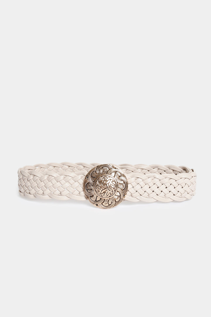 Ceinture tressée beige à boucle ronde dorée ornée de motifs
