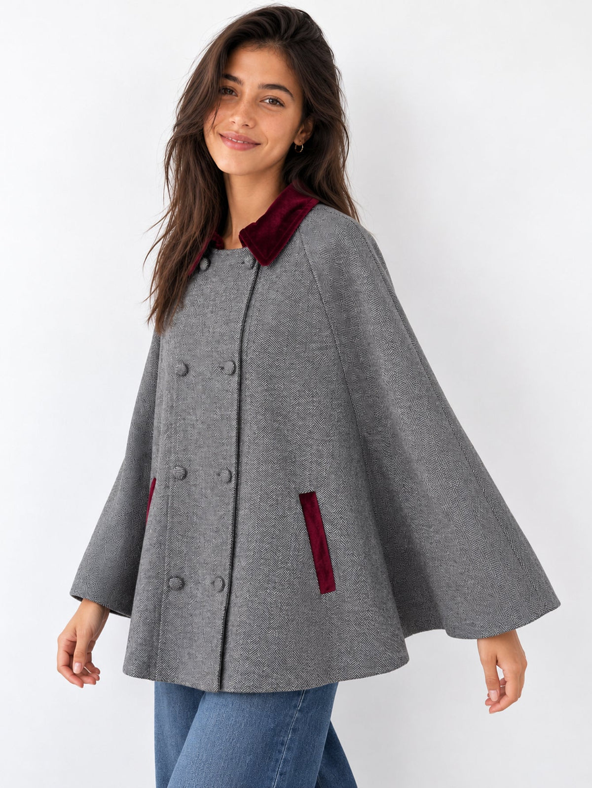 Cape grise en tweed col velours