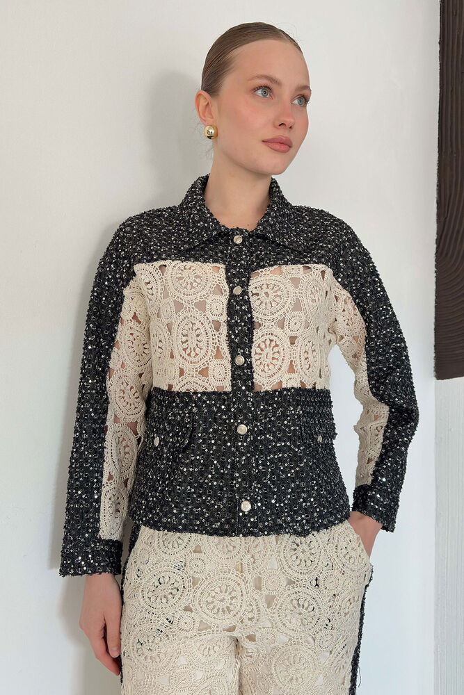 chemise bicolore en crochet et boucle manches longues image 1