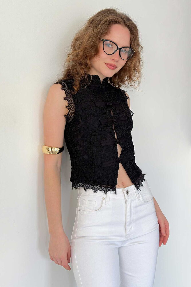 top13809 chemise noire slim sans manches a col montant et longueur raccourcie image 1