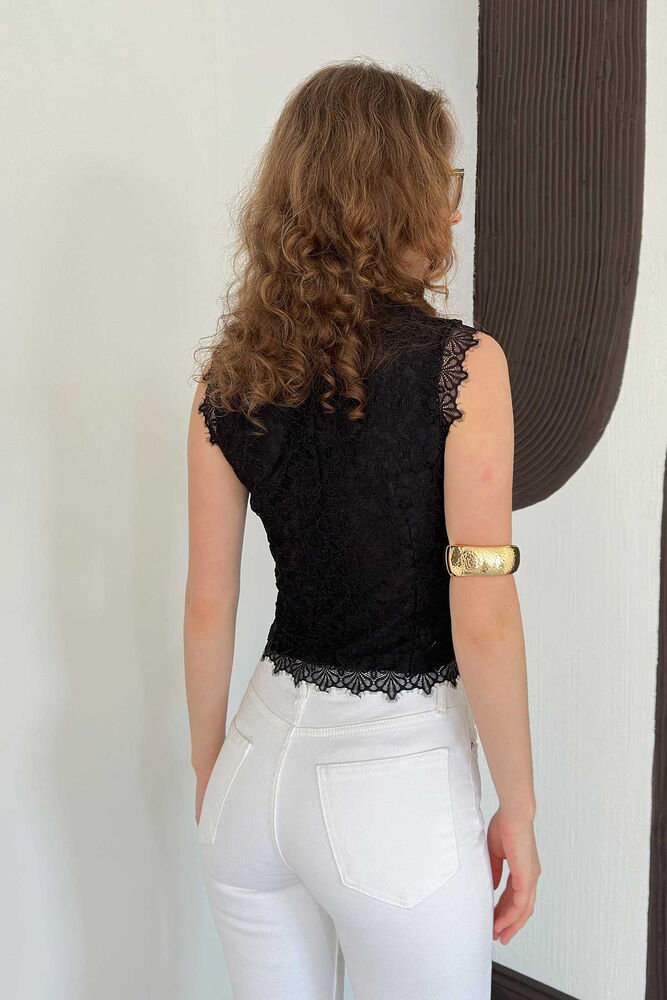 top13809 chemise noire slim sans manches a col montant et longueur raccourcie image 4