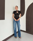 top13856 chemise noire a fleurs boutonnee avec manches bouffantes image 3