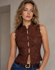 Chemise en dentelle brune col mao sans manches
