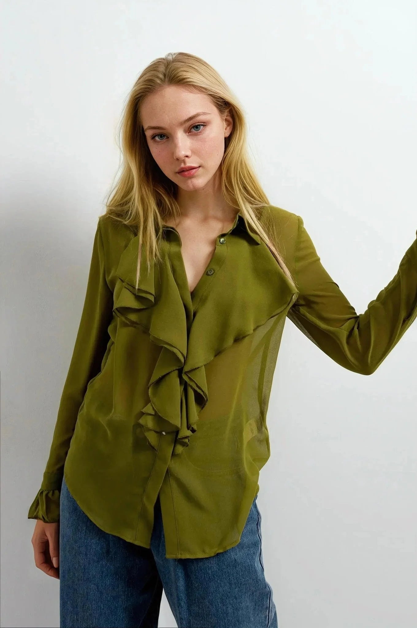 Chemise femme à volants chic en mousseline verte, longue manche, style fluide