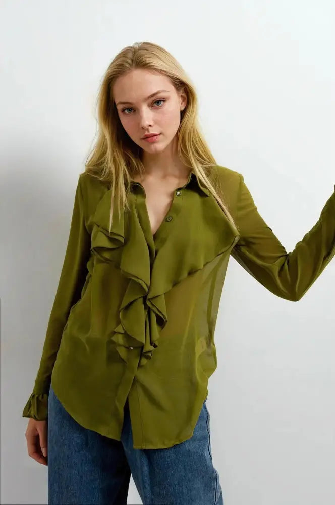 Chemise femme à volants chic en mousseline verte, longue manche, style fluide