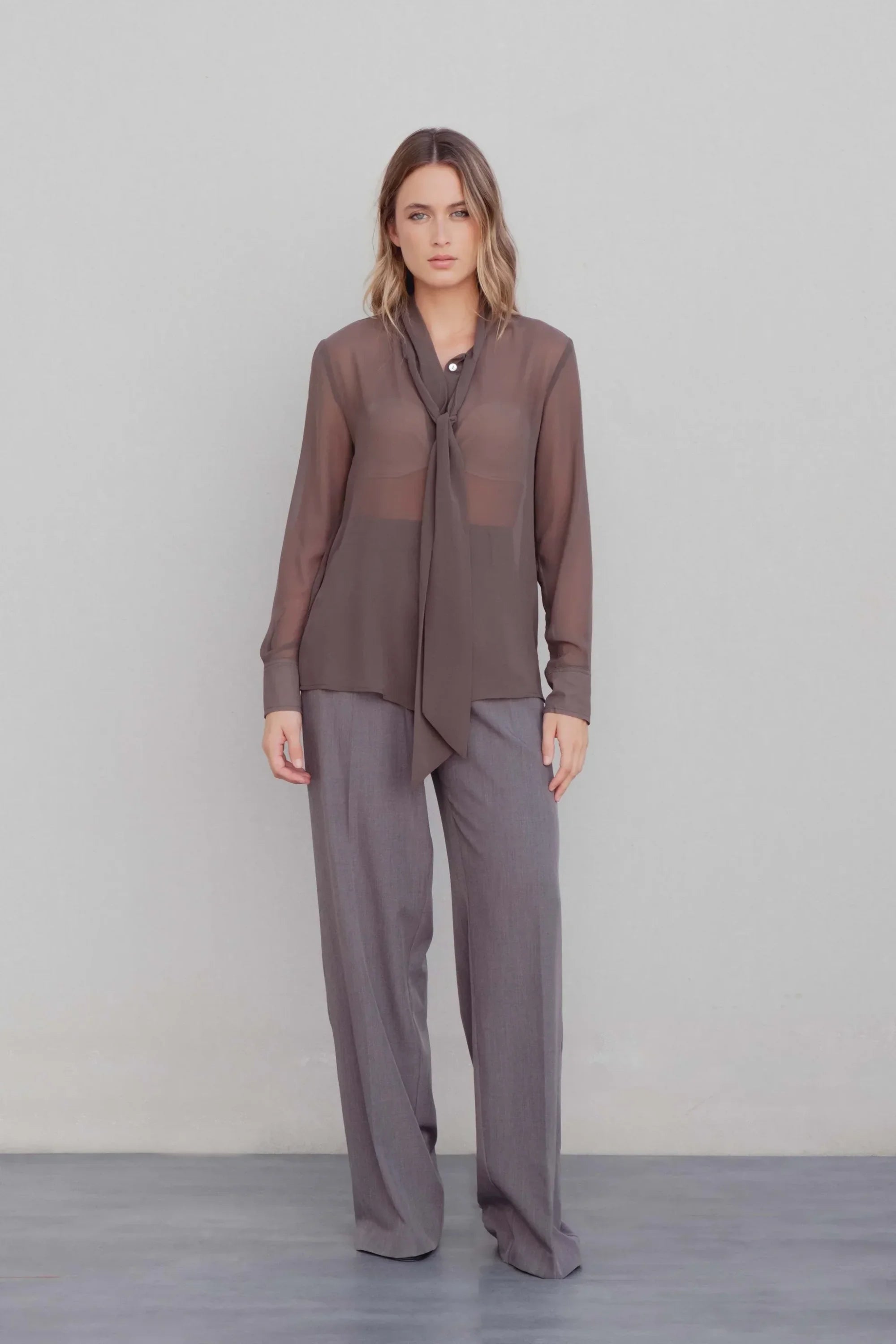Femme habillée avec une chemise col lavallière fluide marron transparent, associée à un pantalon élégant, parfaite pour un look moderne.