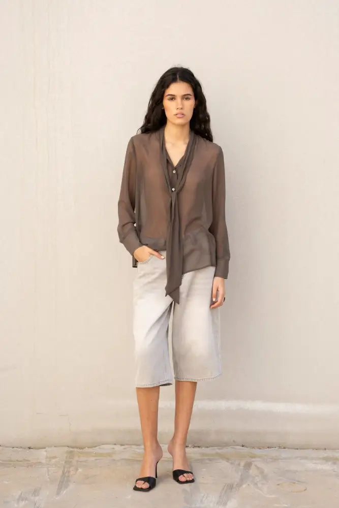 Chemise fluide marron transparente avec col lavallière et manches longues