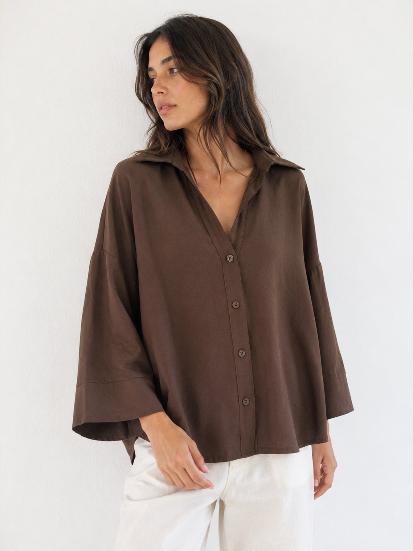 chemise oversize manches 3 4 chocolat