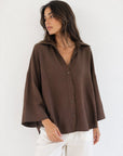 chemise oversize manches 3 4 chocolat