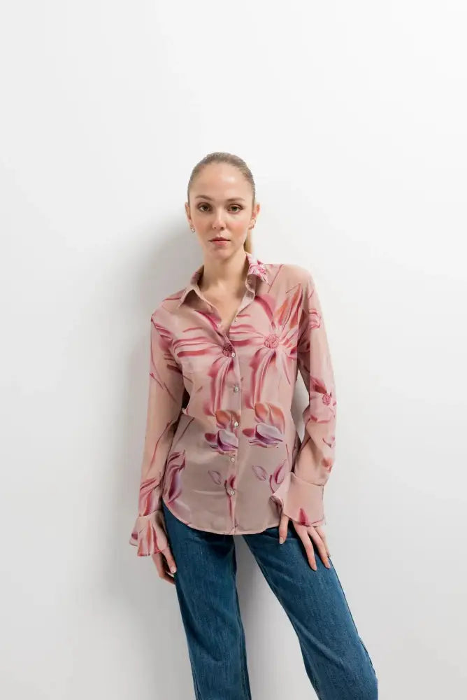 Chemise imprimée semi-transparente pour femmes avec motifs floraux roses et violets