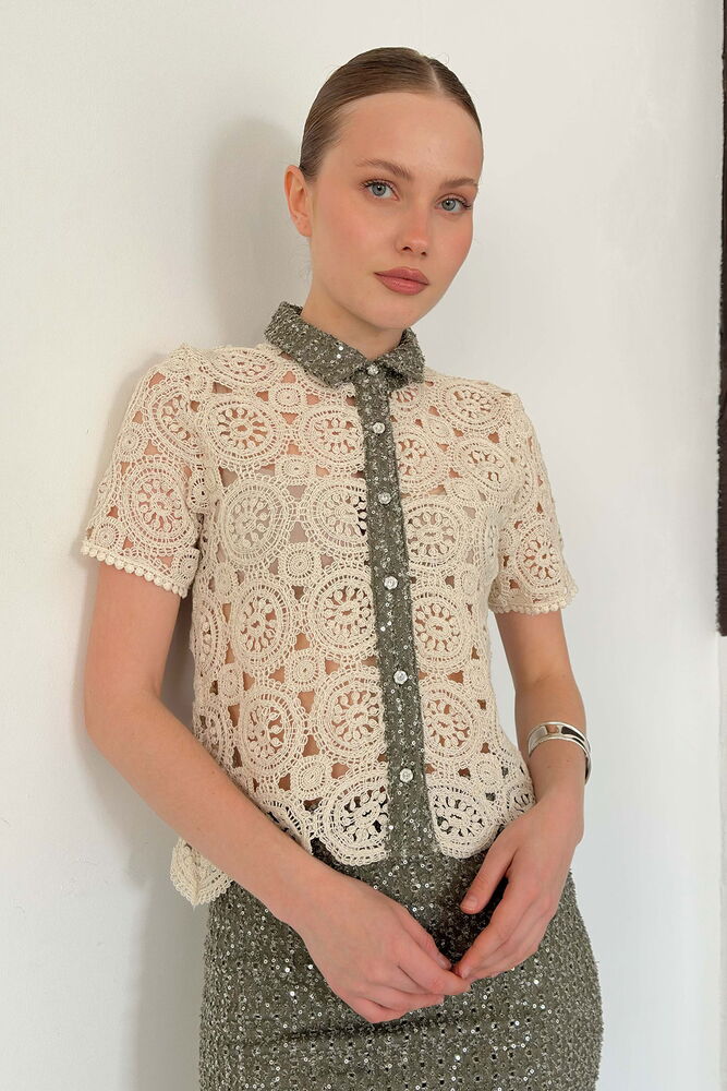 top13854 chemise beige elegante col polo image 1