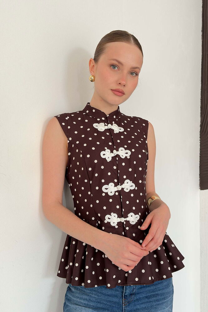 top13865 chemise elegante marron a pois image 1