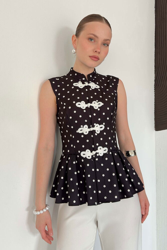 top13864 chemise vintage noire ajustee sans manches a pois image 1
