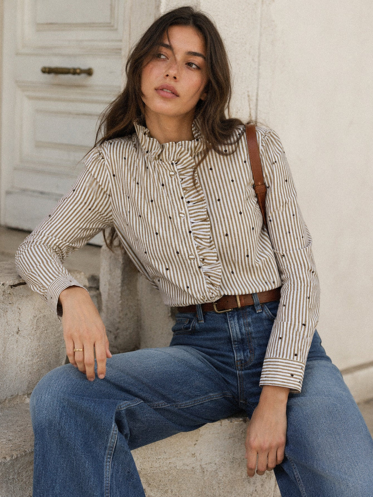 chemise rayée beige à cœurs
