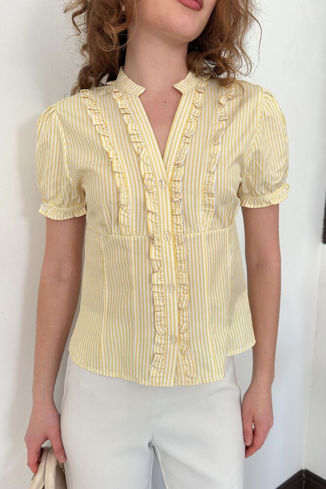 top13794 chemise jaune rayee boutonnee avec manches bouffantes image 4