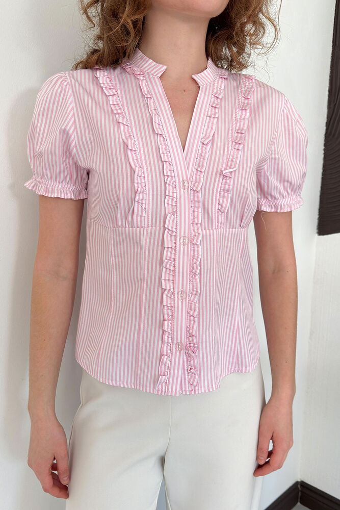 top13793 chemise rose rayee ajustee a manches bouffantes image 4