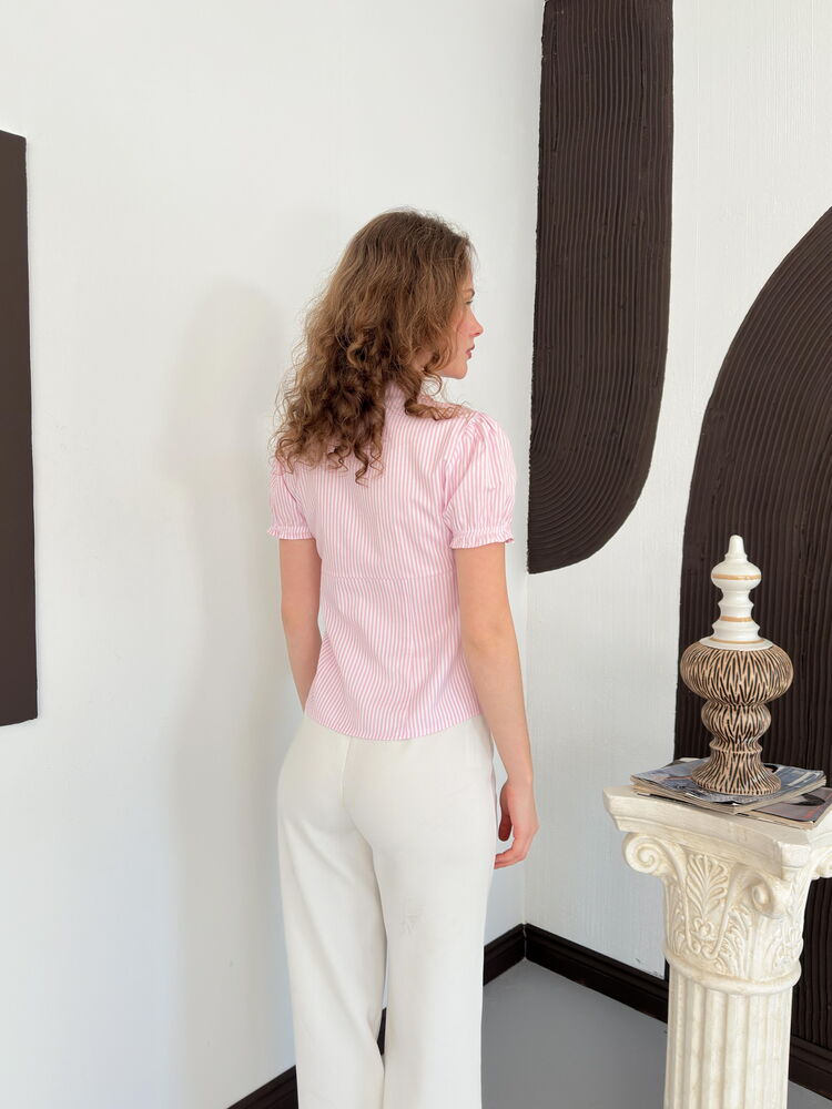 top13793 chemise rose rayee ajustee a manches bouffantes image 5