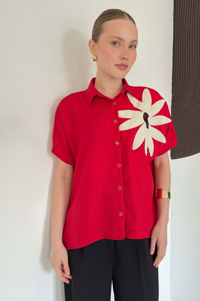 top13851 chemise rouge decontractee elegante fleurie boutonnee image 1