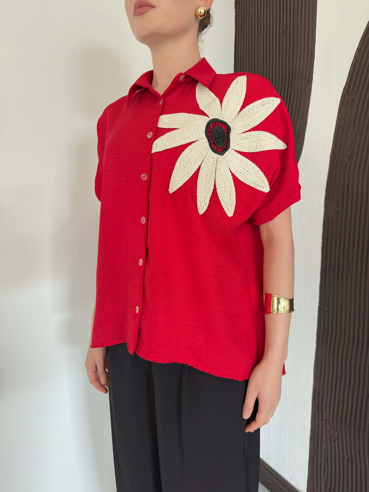 top13851 chemise rouge decontractee elegante fleurie boutonnee image 4