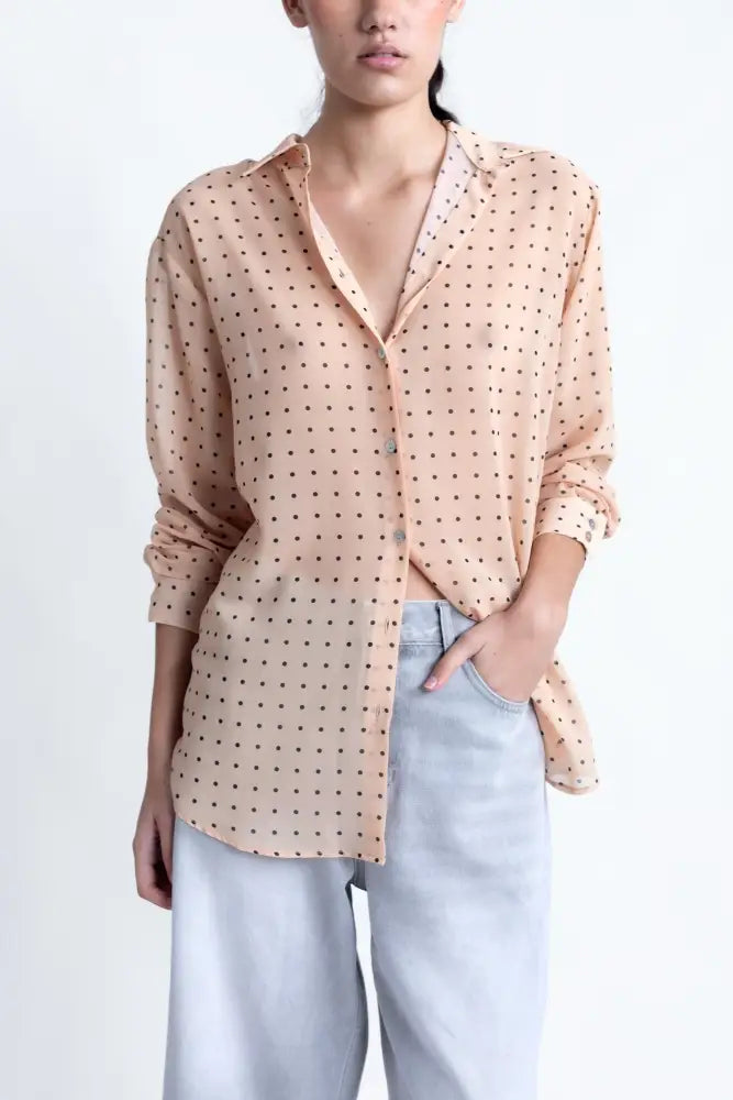 Chemise semi-transparente à pois noirs, blouse légère, col en V, mode féminine