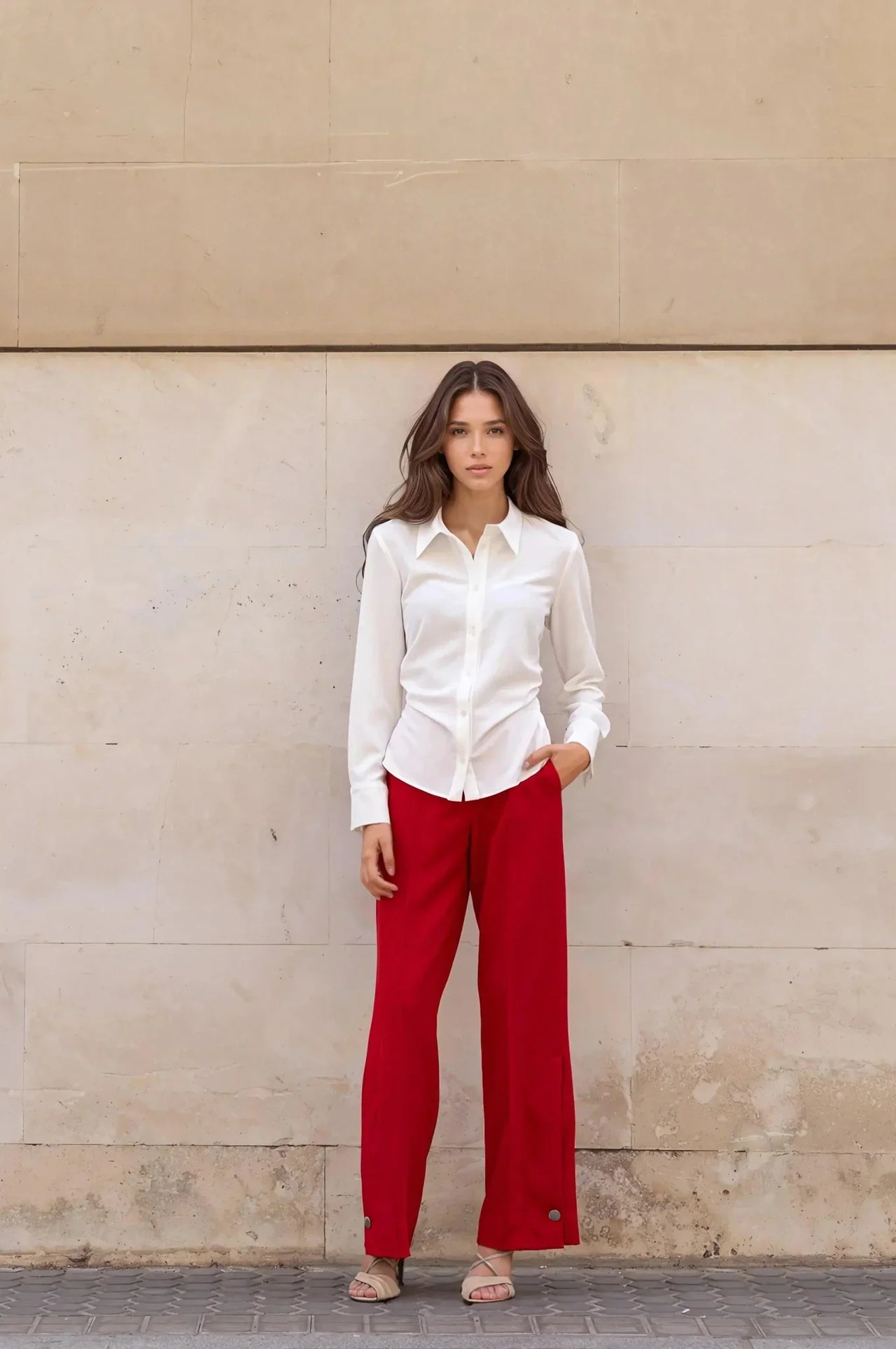 Une femme posant dans une chemise élégante à plis et un pantalon rouge, une combinaison parfaite pour toutes occasions.