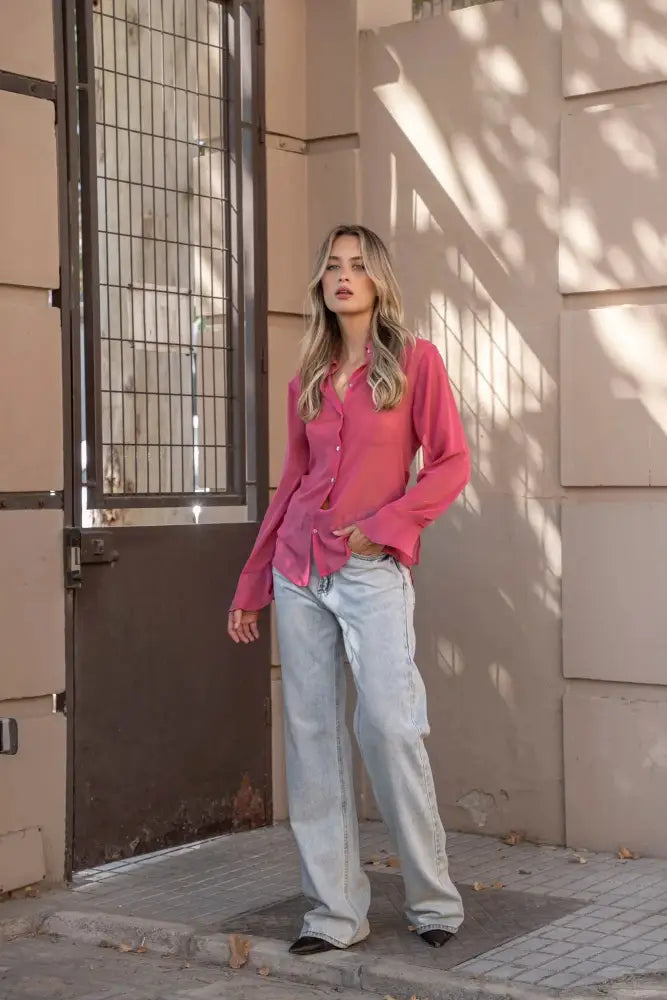 Chemise transparente rose à manches longues pour femme, élégante et féminine