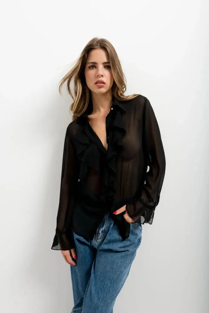 Chemisier noir transparent femme chic avec volants et manches longues en voile fluide