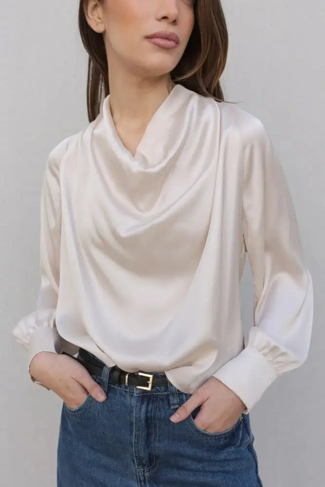 Blouse en satin avec noeud à manches longues, style chic pour femme