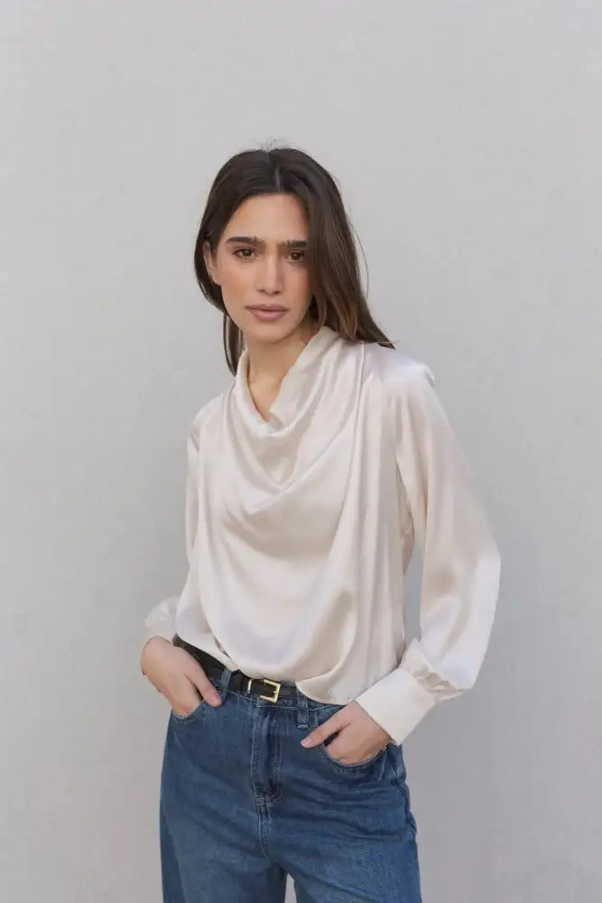 Blouse en satin avec noeud, style chic, femme, crème, longs manches, col cowl