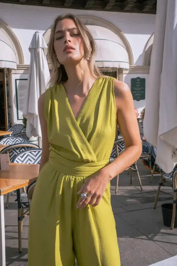 Combinaison Fluide Femme Cache-Cœur Vert Citron