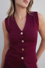 Débardeur Tricot Femme Bordeaux À Boutons Dorés, Sans Manches, Coupe Ajustée En Viscose Extensible - S