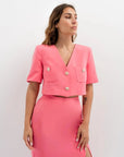 Jupe midi fente côté femme en tissu fluide rose corail, ensemble two-piece élégante