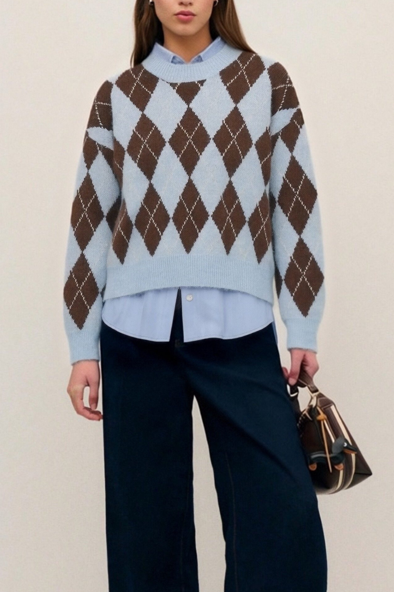 Pull en maille premium à losanges, col rond pour femme, idéal pour le style décontracté, pull en maille femme.