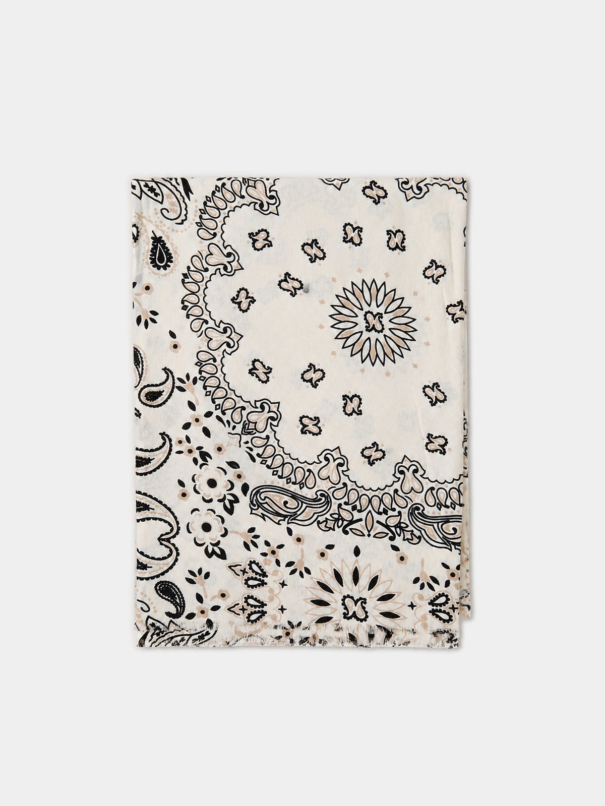 Foulard femme beige à motif bandana présenté à plat.