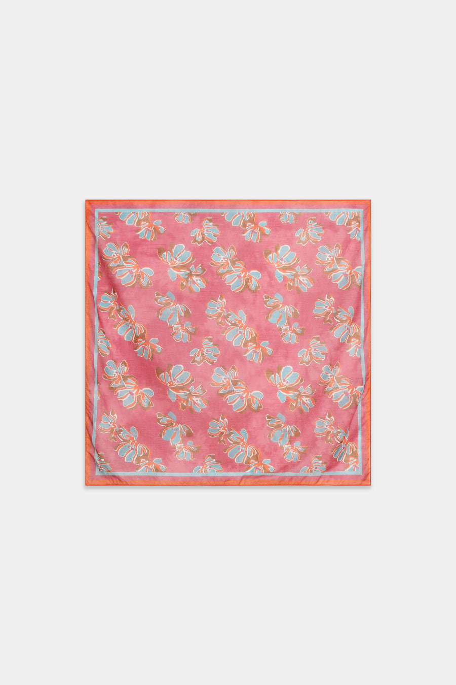 Foulard carré rose à imprimé floral bordure corail et liseré bleu