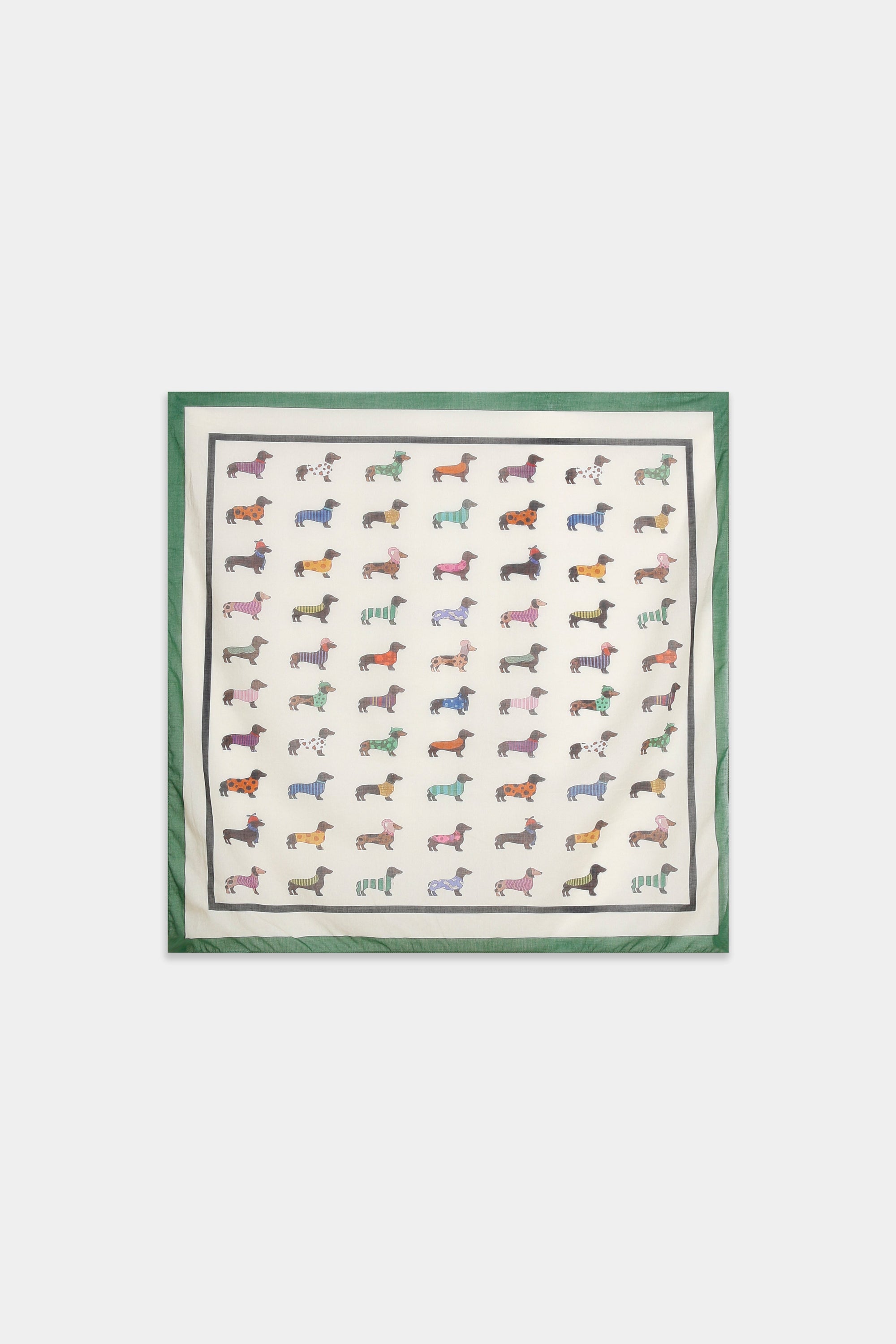 Foulard carré écru à bordure verte motif chiens multicolores