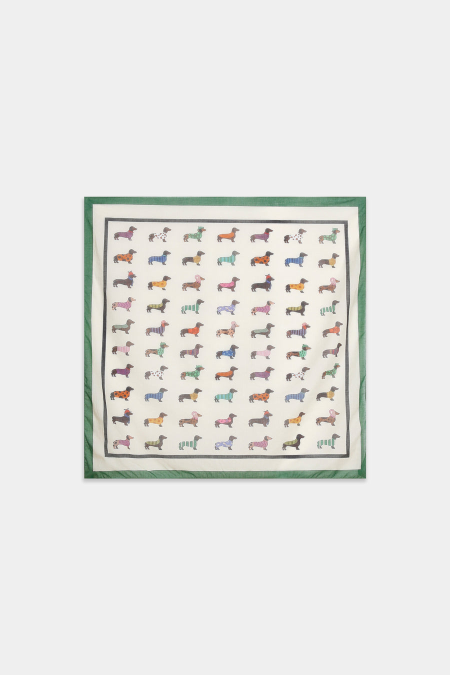 Foulard carré écru à bordure verte motif chiens multicolores