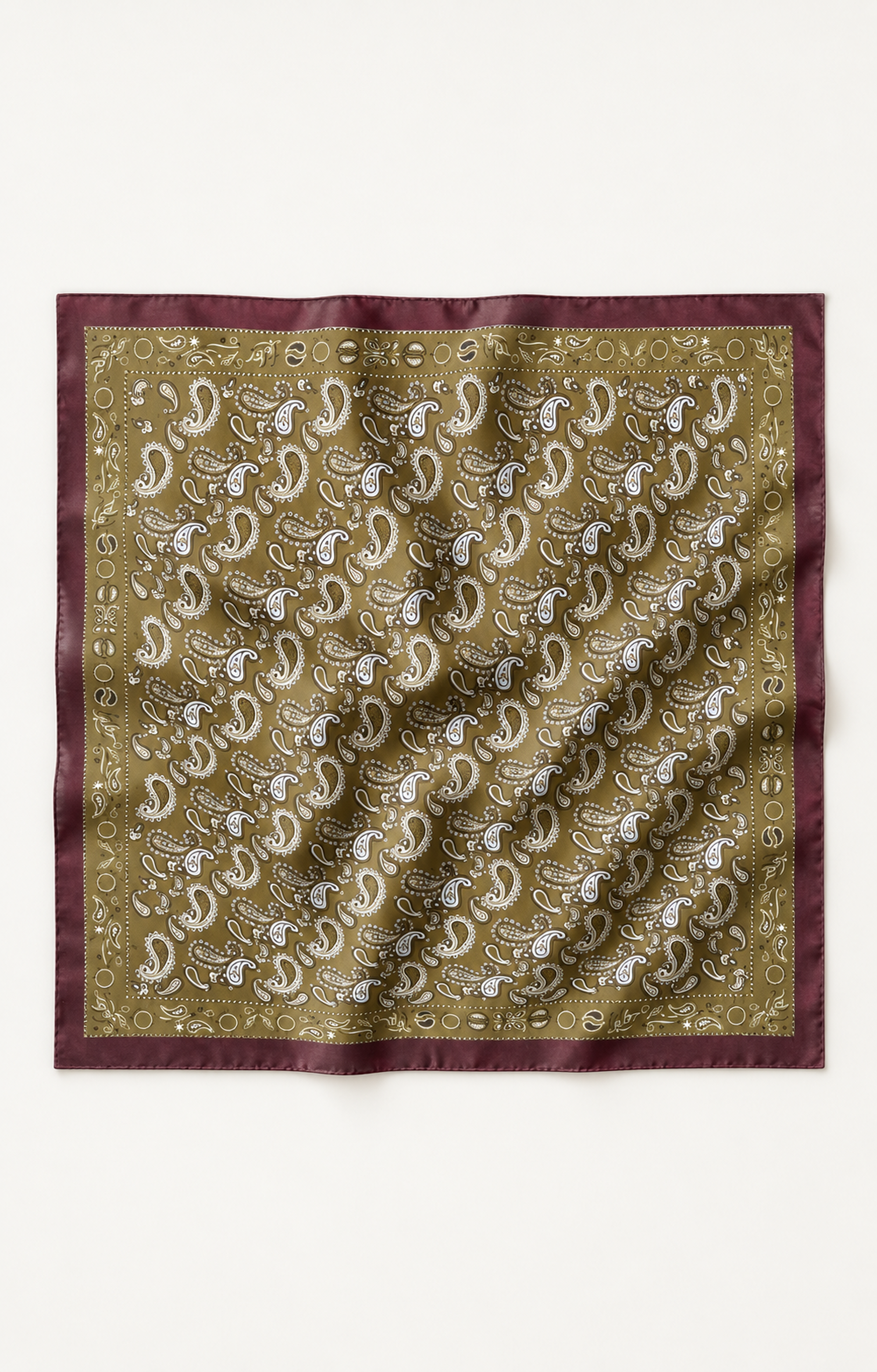 Foulard satiné paisley kaki bordure bordeaux