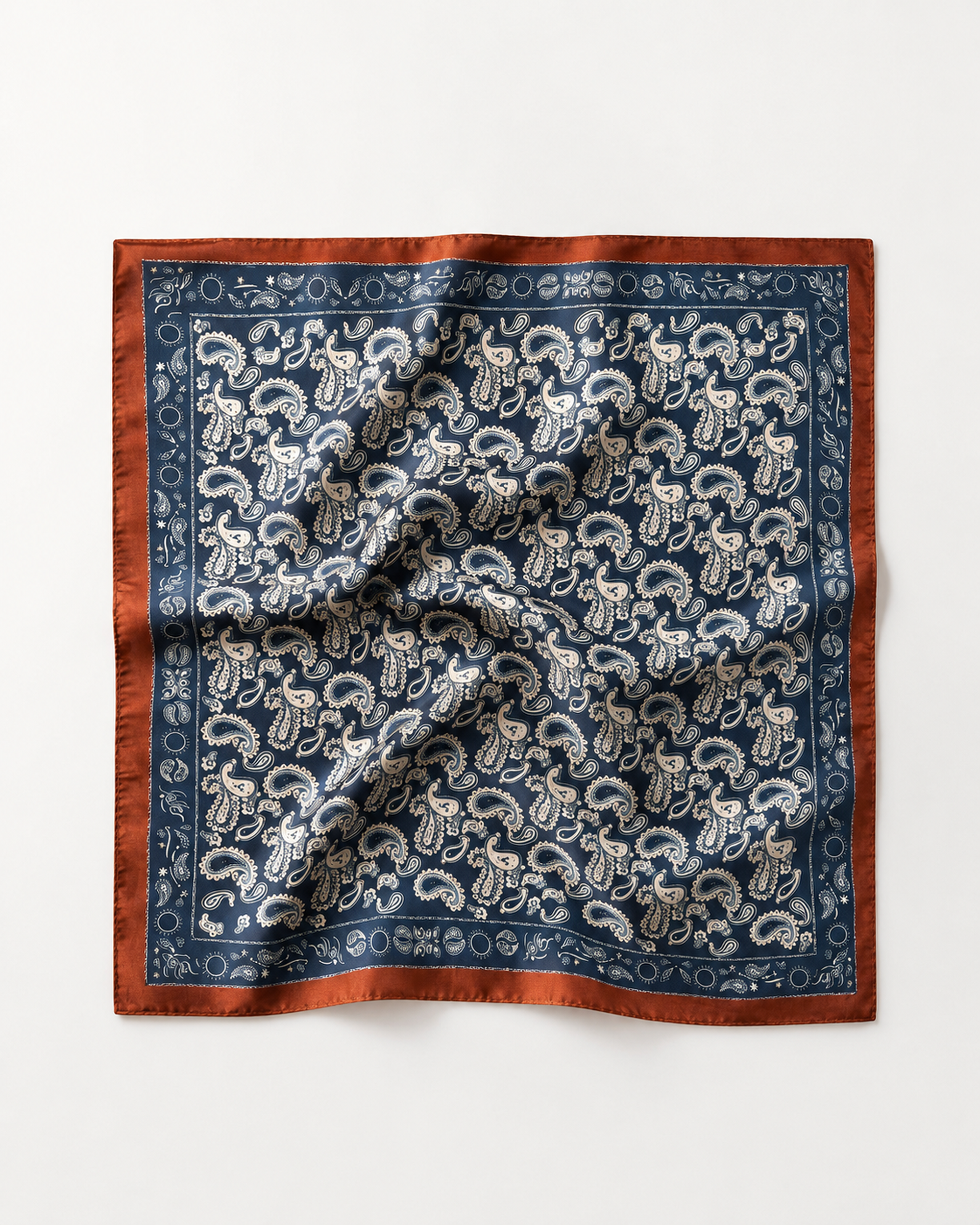 Foulard satiné bleu marine bordure rouille