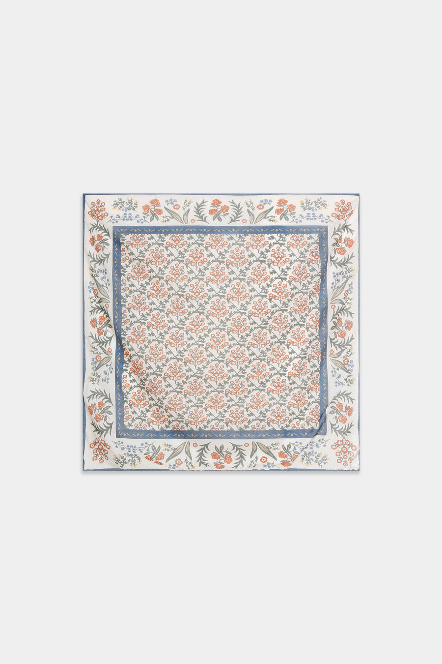 Foulard carré fleuri à bordure bleue