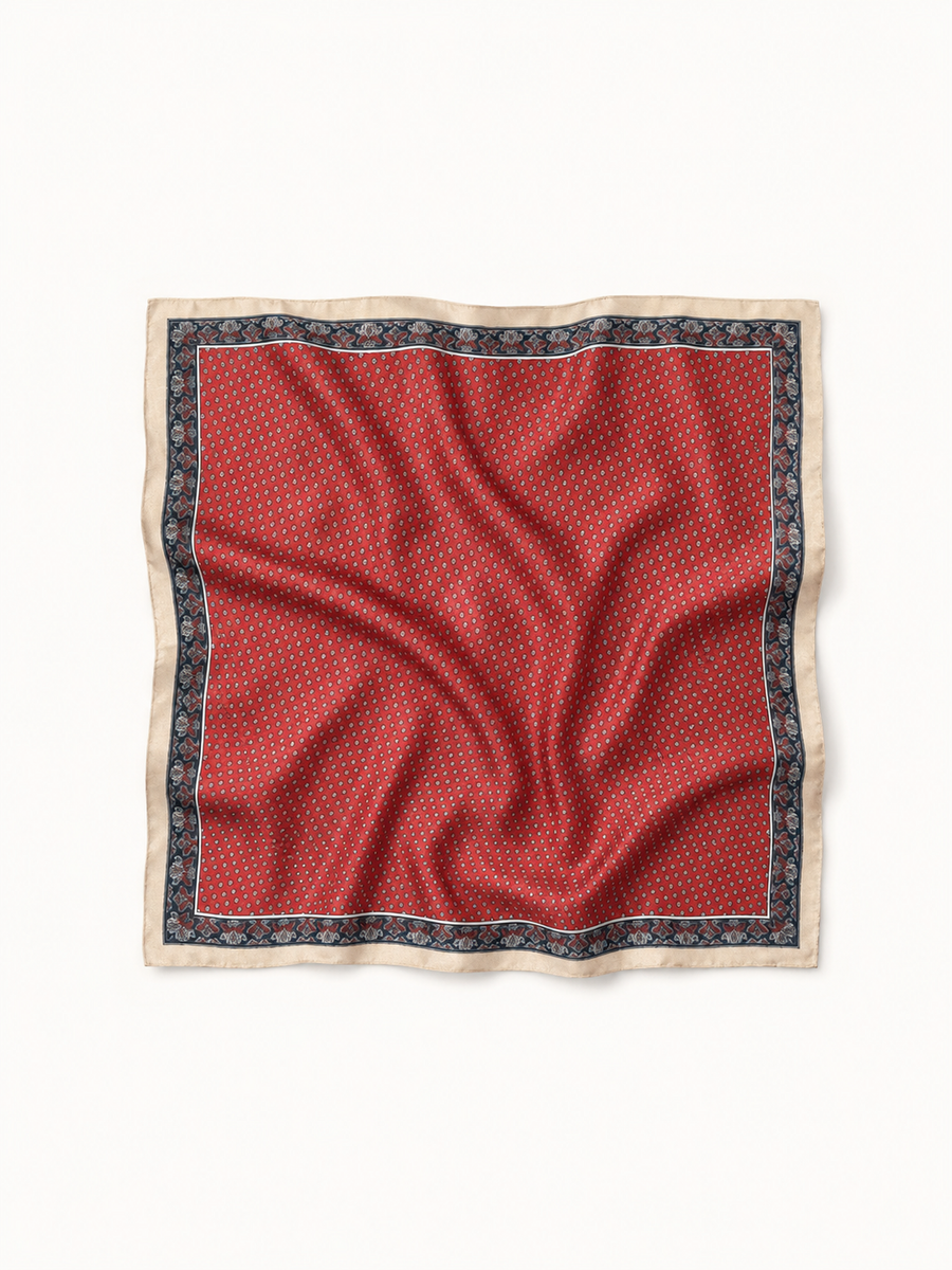 Foulard carré rouge bord beige