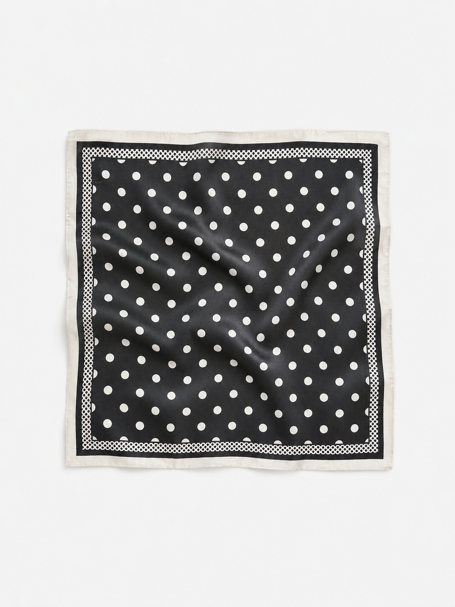 Foulard carré à pois noir bordure blanche