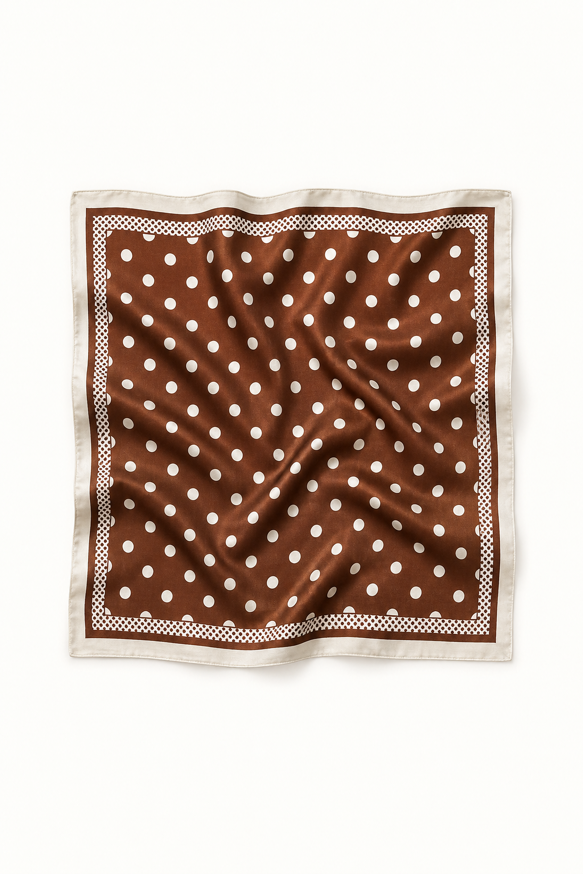 Foulard carré à pois brun bordure blanche