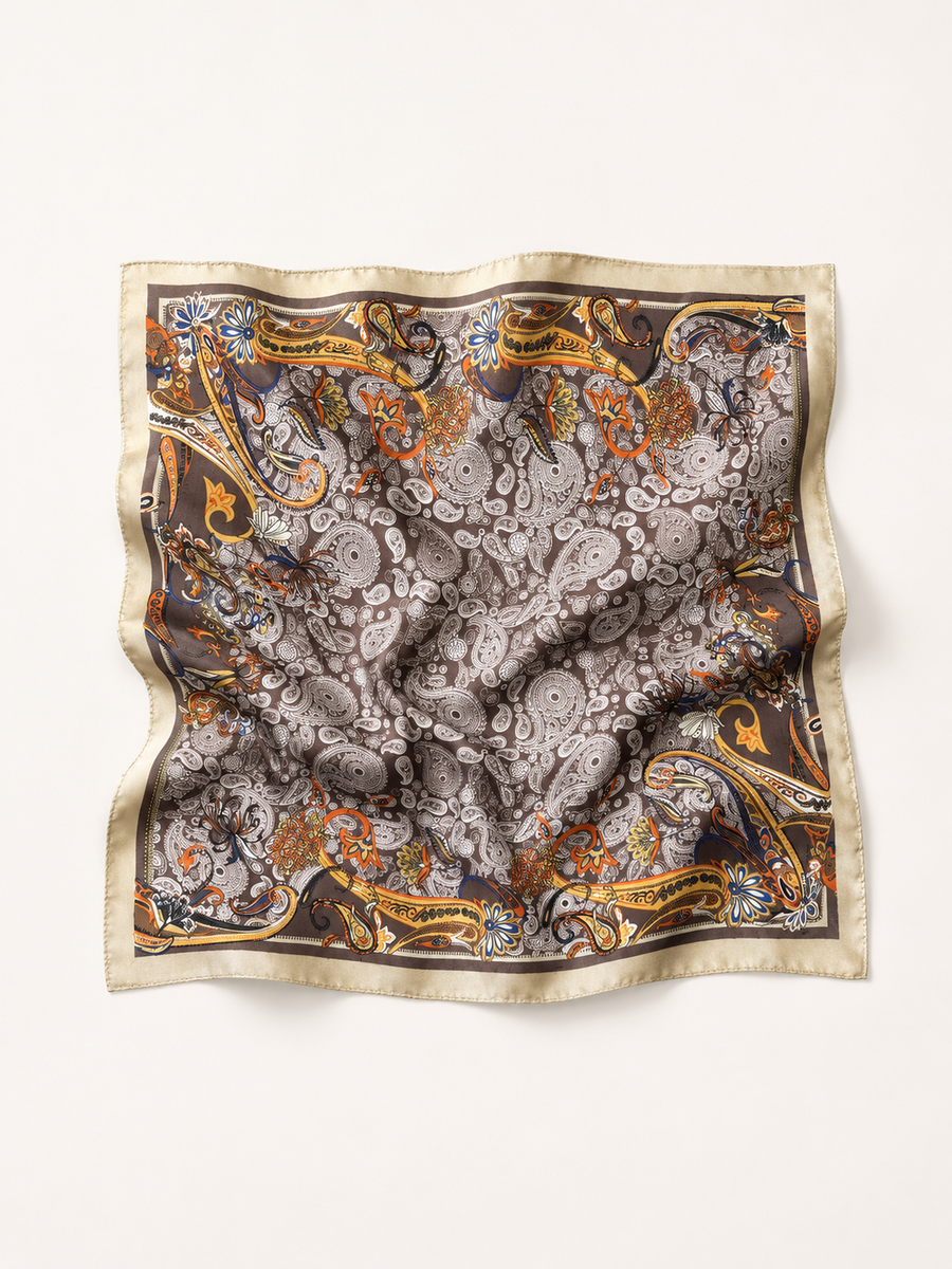 Foulard carré satiné paisley marron