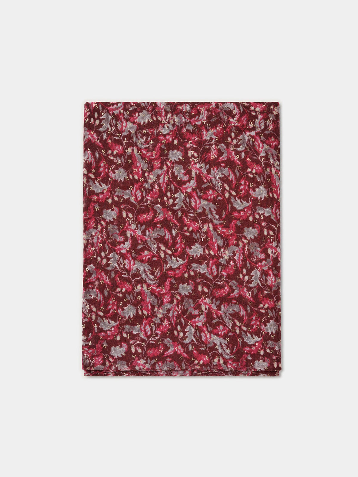 Foulard femme à imprimé floral bordeaux présenté à plat.