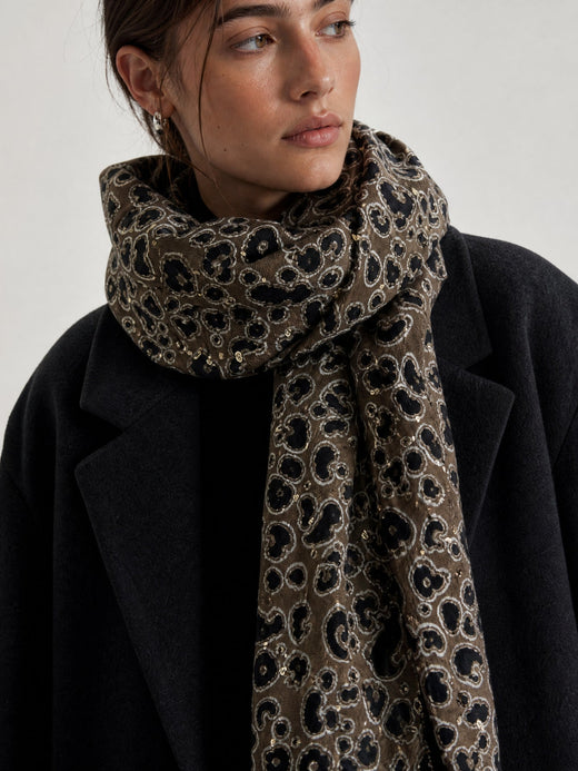 Écharpe oversize jacquard kaki à fils métallisés