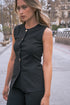 Gilet noir femme sans manches à boutons dorés, style élégant et tendance