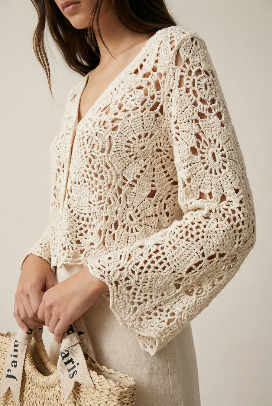 gilet crochet en coton - beige ou blanc vue portée