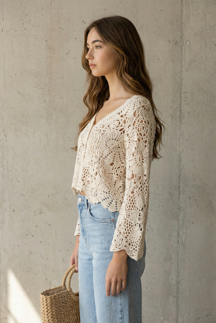 gilet crochet en coton - beige ou blanc look complet